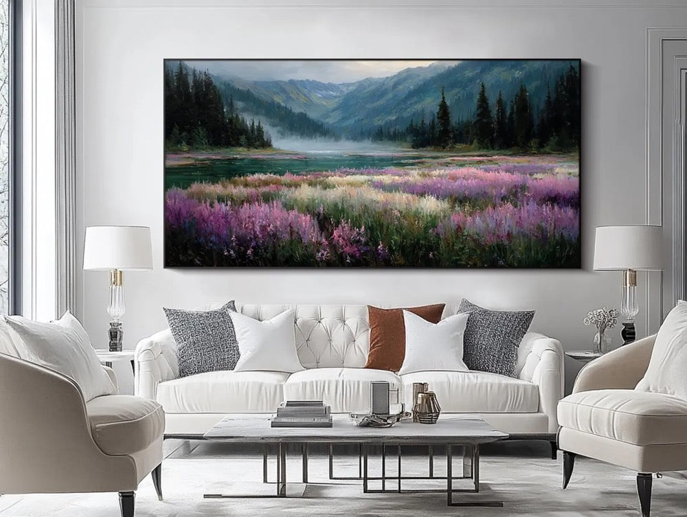 Original Mountain Meadow Oil Painting Large Textured Wall Art Landscape Oil Painting Cottage Wall Decor