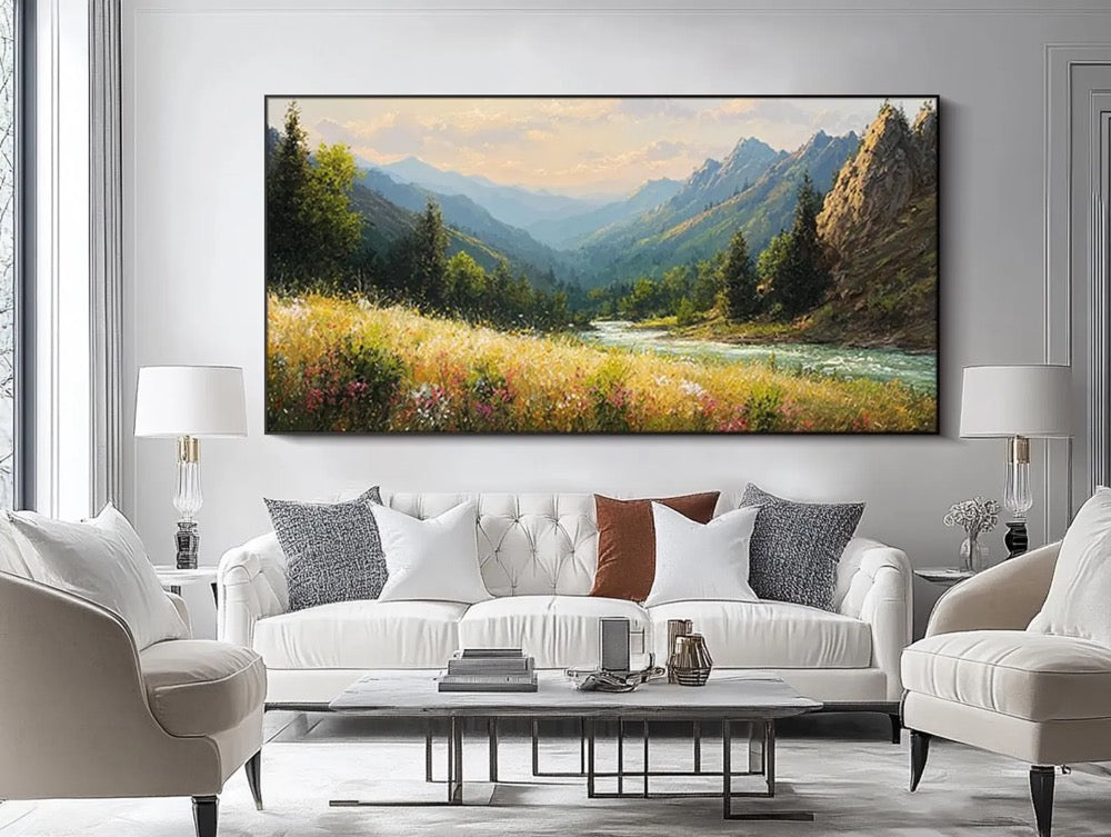 Original Mountain Rive Oil Painting Large Textured Wall Art Large Bedroom Wall Decor