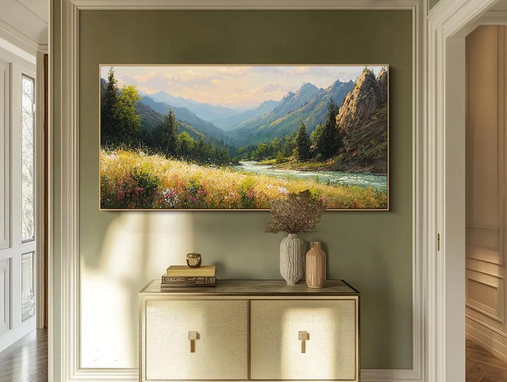 Original Mountain Rive Oil Painting Large Textured Wall Art Large Bedroom Wall Decor