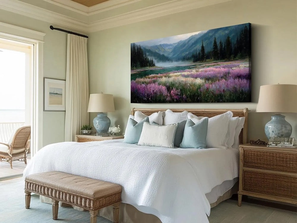 Original Mountain Meadow Oil Painting Large Textured Wall Art Landscape Oil Painting Cottage Wall Decor