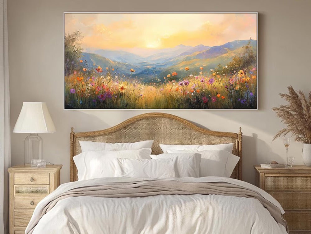Golden Sunset Wall Art Mountain Landscape Oil Painting Large Textured Wall Art Canvas Art Nature Inspired Art Living Room Bedroom Wall Art