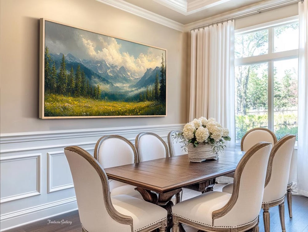 Mountain Landscape Oil Painting Large Nature Wall Art Original Hand Painted Canvas Green Wall Art Forest Meadow Artwork Living Room Wall Art