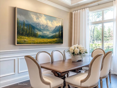 Mountain Landscape Oil Painting Large Nature Wall Art Original Hand Painted Canvas Green Wall Art Forest Meadow Artwork Living Room Wall Art
