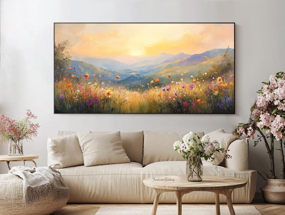 Golden Sunset Wall Art Mountain Landscape Oil Painting Large Textured Wall Art Canvas Art Nature Inspired Art Living Room Bedroom Wall Art