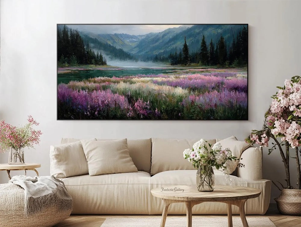 Original Mountain Meadow Oil Painting Large Textured Wall Art Landscape Oil Painting Cottage Wall Decor