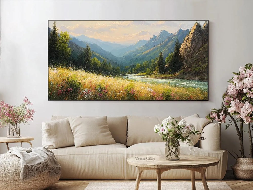 Original Mountain Rive Oil Painting Large Textured Wall Art Large Bedroom Wall Decor