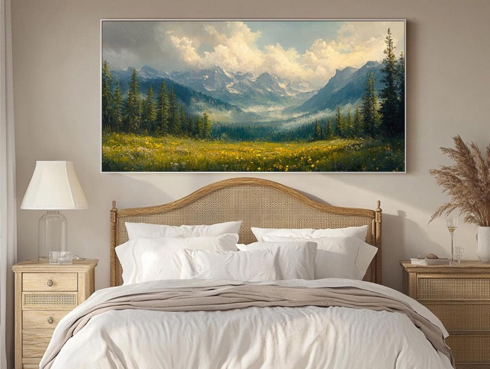 Mountain Landscape Oil Painting Large Nature Wall Art Original Hand Painted Canvas Green Wall Art Forest Meadow Artwork Living Room Wall Art