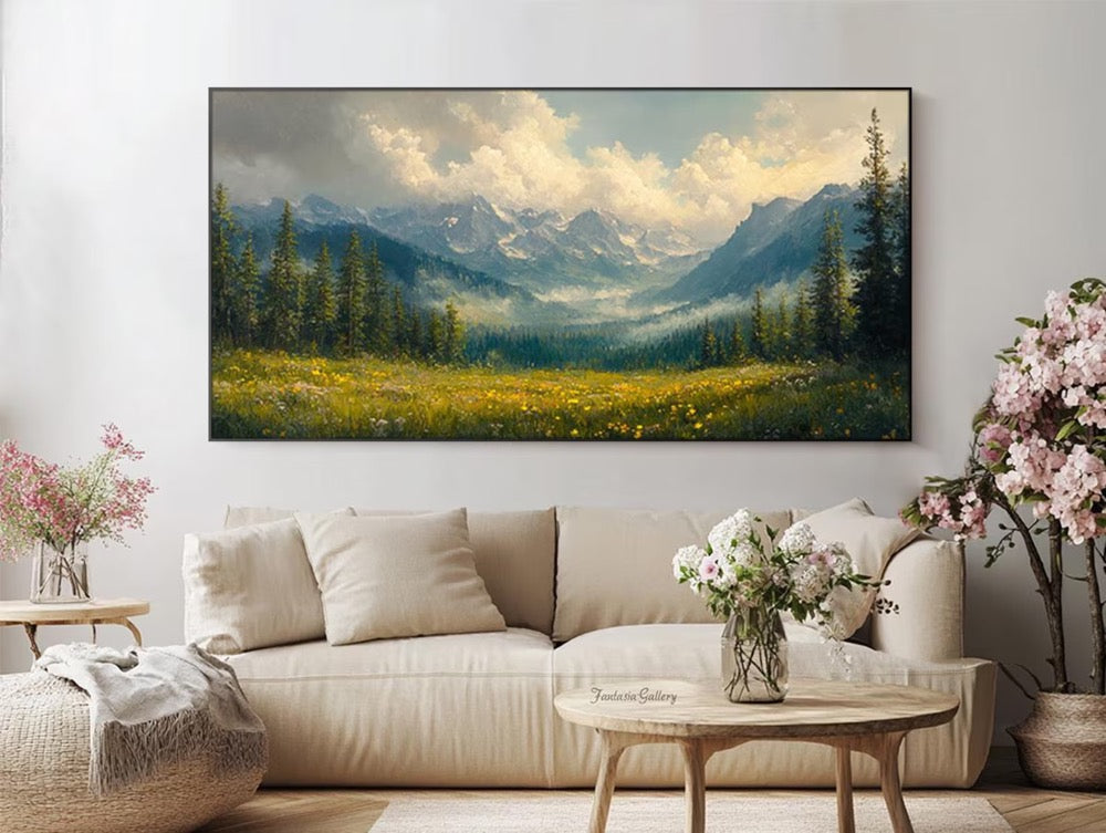 Mountain Landscape Oil Painting Large Nature Wall Art Original Hand Painted Canvas Green Wall Art Forest Meadow Artwork Living Room Wall Art
