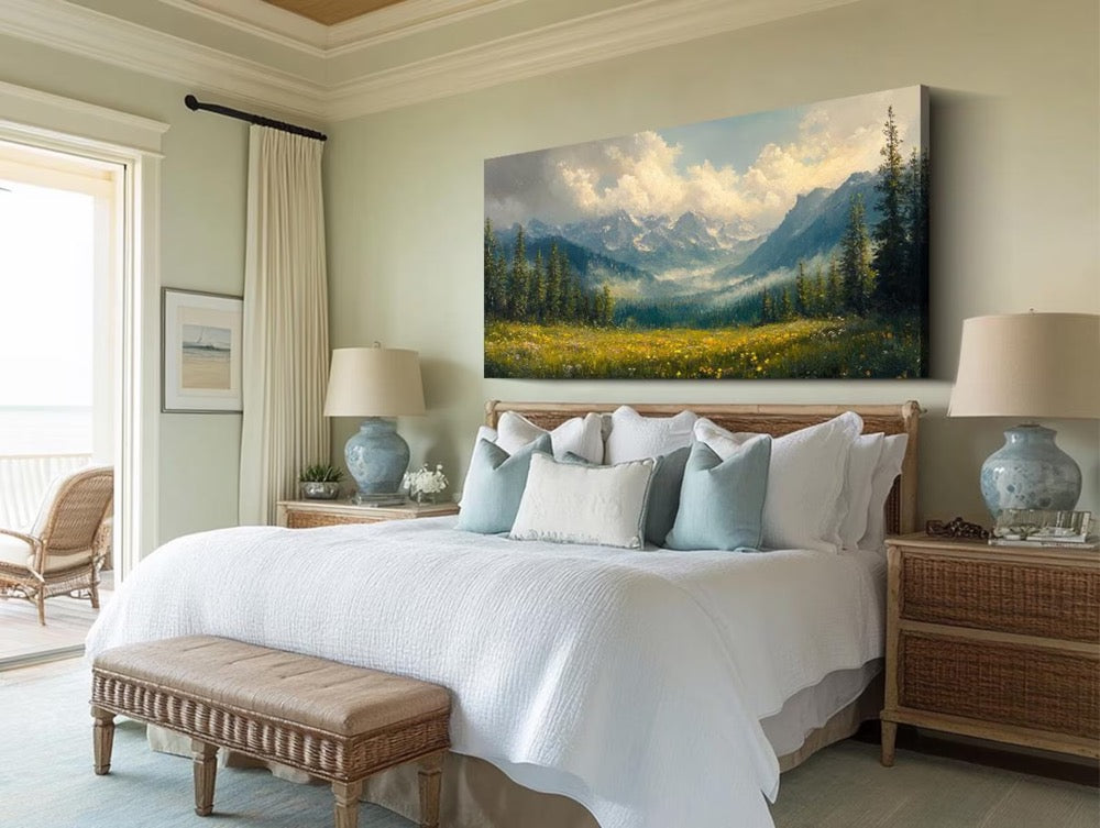 Mountain Landscape Oil Painting Large Nature Wall Art Original Hand Painted Canvas Green Wall Art Forest Meadow Artwork Living Room Wall Art