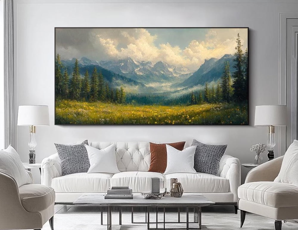 Mountain Landscape Oil Painting Large Nature Wall Art Original Hand Painted Canvas Green Wall Art Forest Meadow Artwork Living Room Wall Art